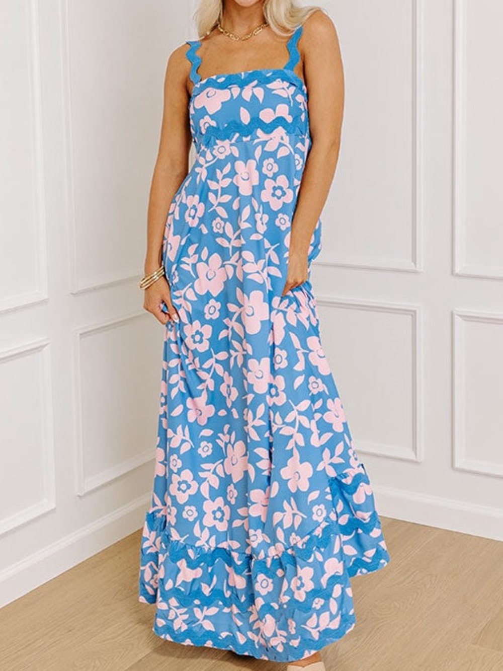 Sunday Up Blue Floral Maxi Dress with Pink Blooms